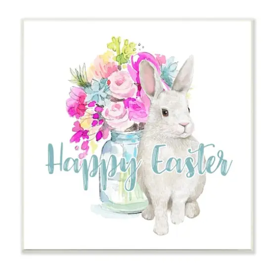 Stupell Industries Happy Easter Calligraphy Bunny Pink Flower Bouquet Wall Plaque Art {1}