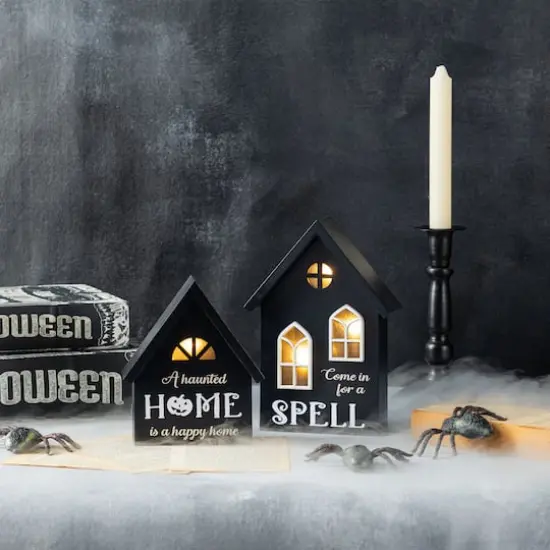 Glitzhome&reg; 8"H Lighted Halloween Wooden House-shaped Table Decor Set {4}
