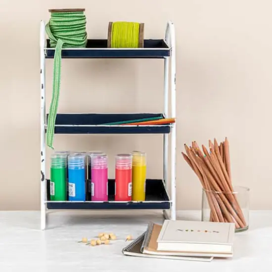 Hello Honey&reg; 15.5" Heavily Distressed 3-Tier Metal Tray with White Frame & Rim Distressed Navy {3}