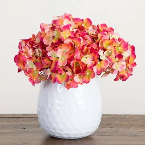 11" Pink Hydrangea Arrangement in White Metal Vase {7}