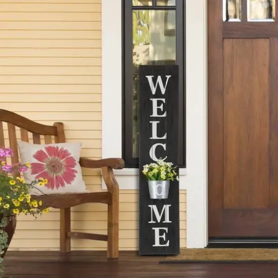 Glitzhome&reg; 42" Wooden Black Welcome Porch Sign with Metal Planter {3}