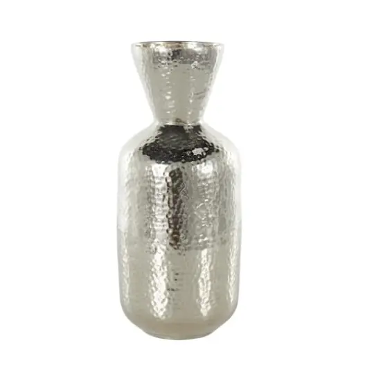 14" Silver Hammered Aluminum Vase with Cone Shaped Opening {4}