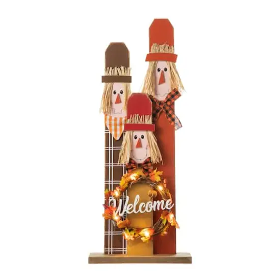 Glitzhome&reg; 36.25" Wooden Scarecrow Family Porch D&eacute;cor with Lighted Wreath & Timer {1}