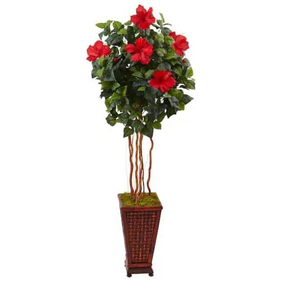 5ft. Red Hibiscus Tree in Decorative Wooden Planter {1}