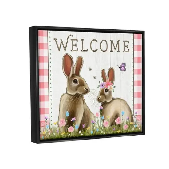 Stupell Industries Welcome Plaid Spring Garden Rabbits Floater Framed Art Black {4}