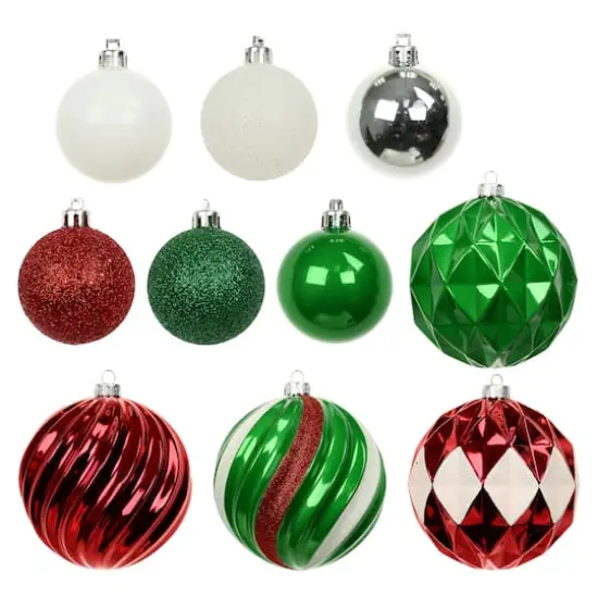 44 Pack 48mm & 120mm Red, White, Green & Silver Shatterproof Ball Ornaments by Ashland&reg; {3}