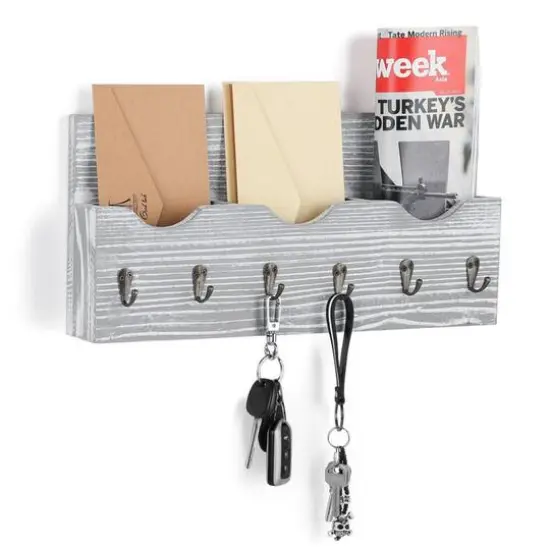 NEX™ Rustic White Wall Mounted Mail Holder & Organizer with 6 Key Hooks {8}