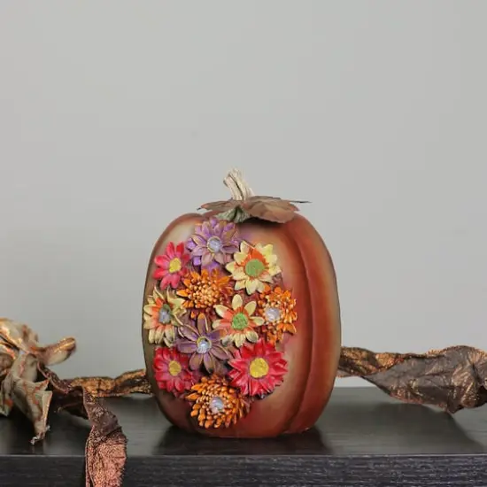 7.75" Brown & Red LED Floral Pumpkin Tabletop D&eacute;cor {4}