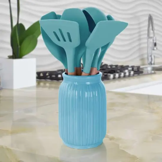 MegaChef Light Teal Silicone & Wood Cooking Utensils Set, 9ct. {5}