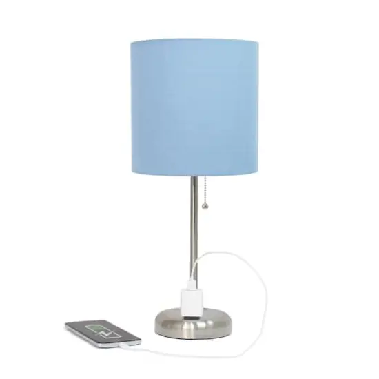 Creekwood Home Oslo 19.5" Power Outlet Table Lamp Brushed Steel Base/Blue Shade {7}