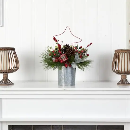 17" Pinecone & Berries Artificial Christmas Arrangement with Decorative Metal Vase & Wire Red Christmas Tree {3}