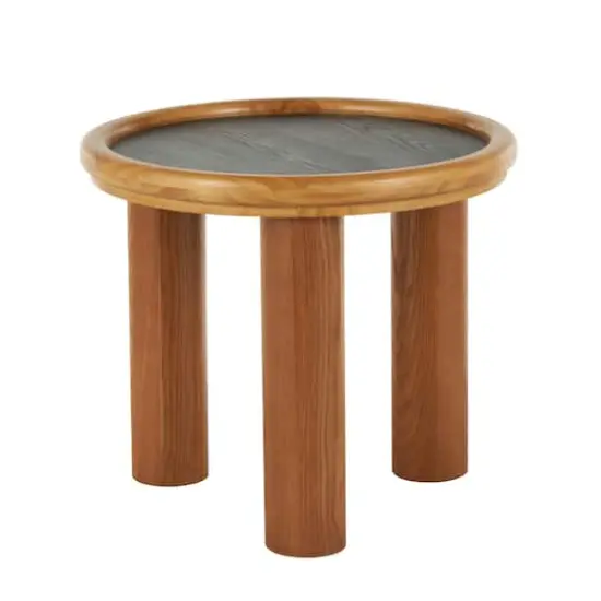 23.5" Brown Wood Handmade Round Living Room Coffee Table with Black Tabletop {1}
