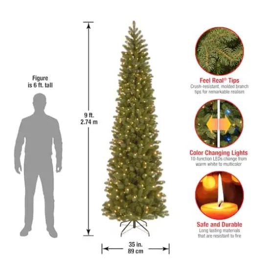 9 ft. Pre-lit Feel Real® Downswept Douglas Fir Pencil Artificial Christmas Tree, Dual Color® LED Lights {9}