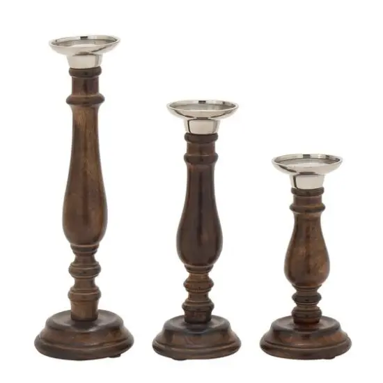 Dark Brown Mango Wood Traditional Candle Holder Set {3}