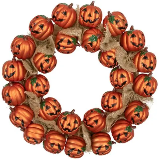 20'' Unlit Jack-O-Lantern and Burlap Ribbon Halloween Wreath {1}