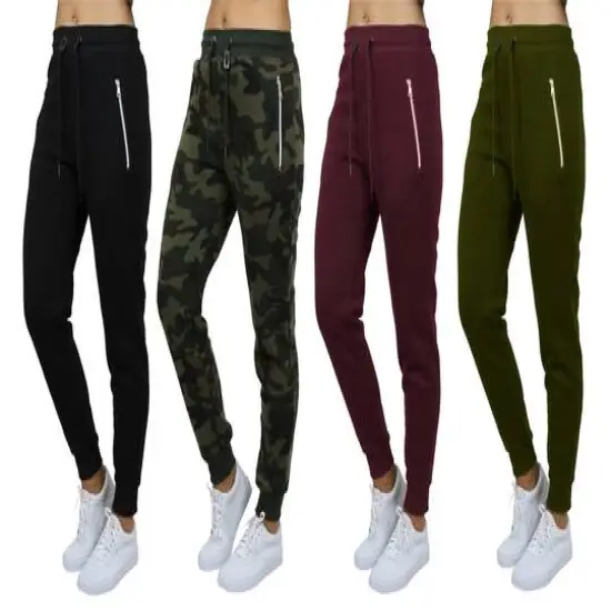 Galaxy by Harvic Women's Relaxed-Fit Fleece-Lined Jogger Sweatpants with Zipper Pockets 4 Pack Black/Woodland/Burgundy/Olive {1}