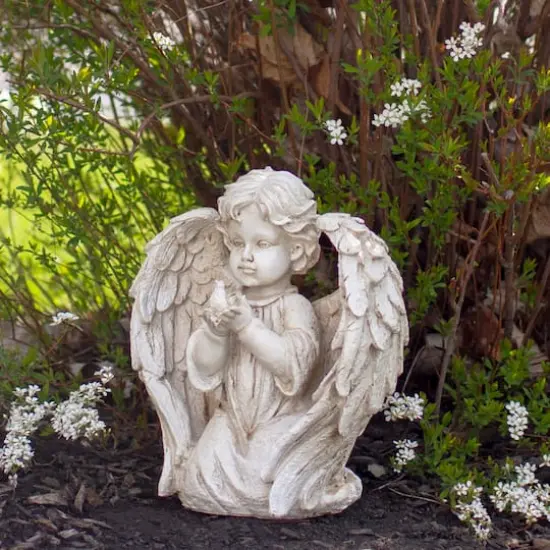 10" Ivory Kneeling Cherub Angel with Dove Garden Statue {3}