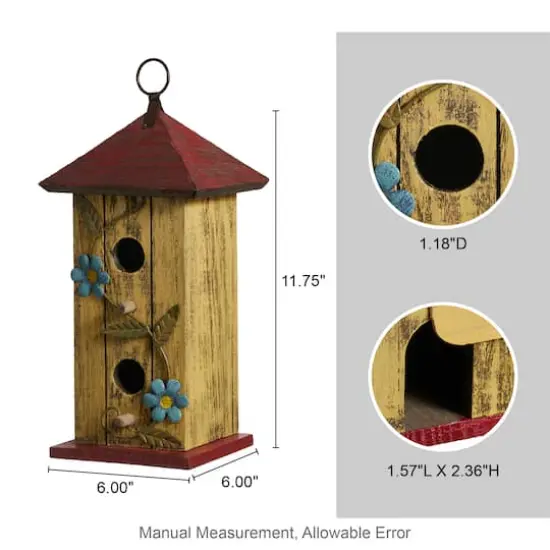 Glitzhome&reg; 11.75" Yellow Washed 3D Metal Flowers Distressed Wood Cottage Birdhouse  {9}