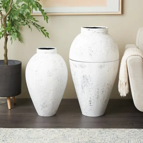 White Distressed Pot Floor Metal Vase Set {3}