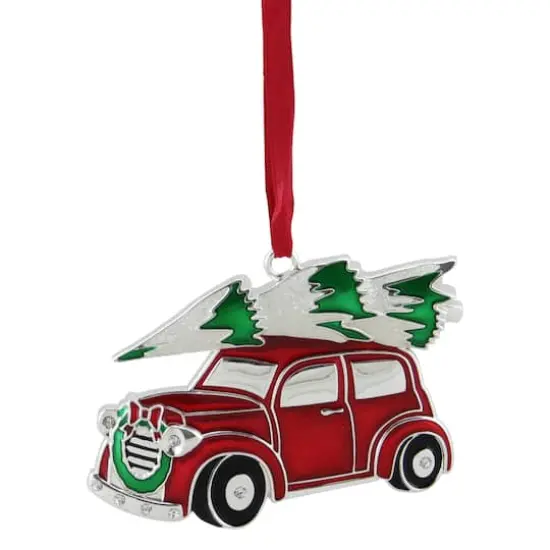 3" Red & White Car with Tree Christmas Ornament {1}