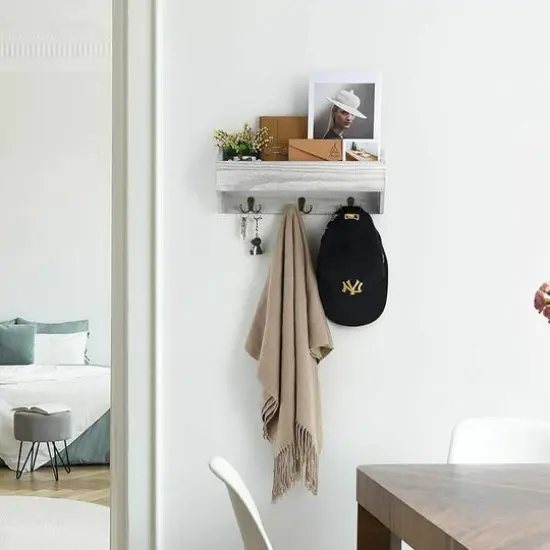Rustic White Wooden Mail 1-Piece Floating Wall Shelf With 6 Key Hooks {7}