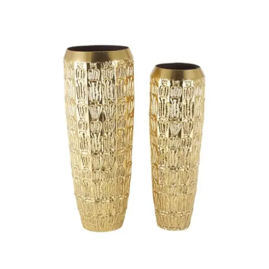 Gold Metal Tall Vase with Grooved Patterns Set {7}