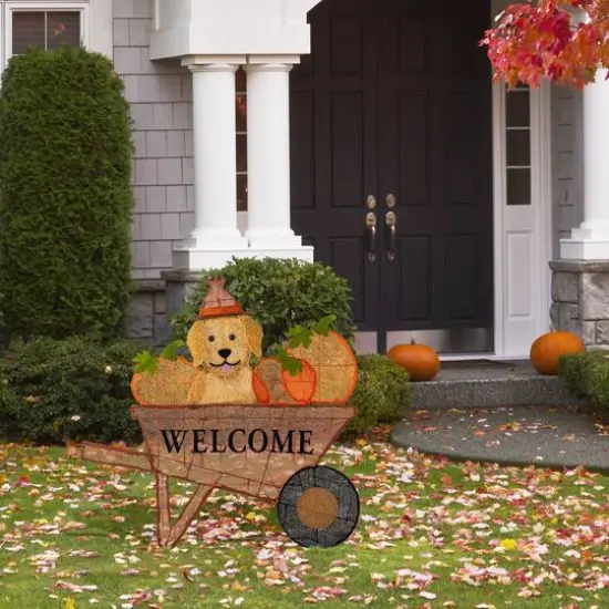 Glitzhome&reg; 36.25" Lighted Fall Pumpkin Wheel Barrow Outdoor Decor with Warm White LED Lights {6}