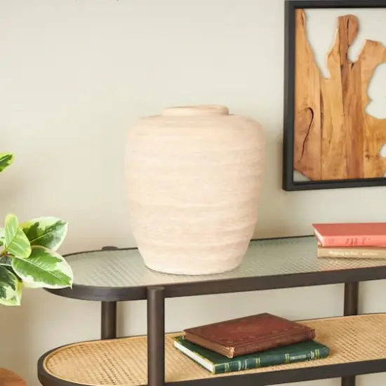 16" Beige Ceramic Wide Textured Vase {3}