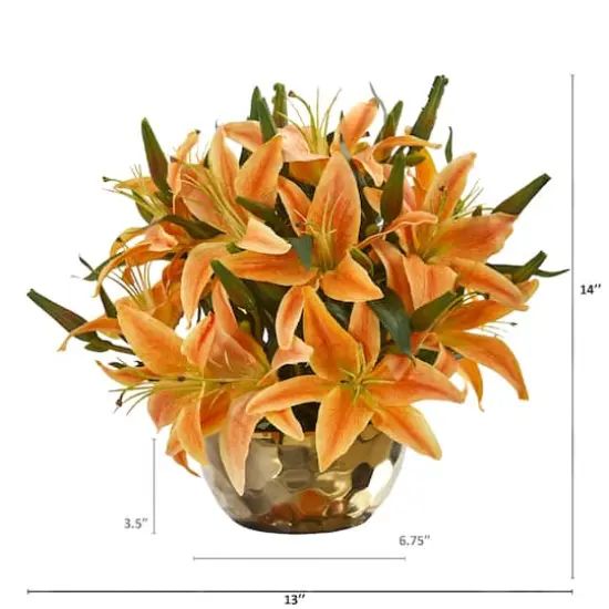 14" Lily Arrangement in Gold Vase Orange {3}