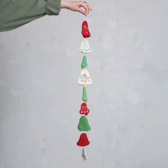 Hello Honey&reg; 6ft. Cream, Red & Green Handmade Wool Felt Embroidered Bells Garland {3}