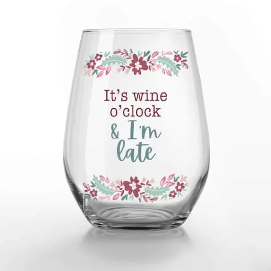 15oz. I'm Late for Wine O'Clock Printed Stemless Wine Glass {1}