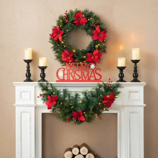 Glitzhome&reg; 3ft. Pre-Lit Pine, Poinsettia & Berries Christmas Swag {4}