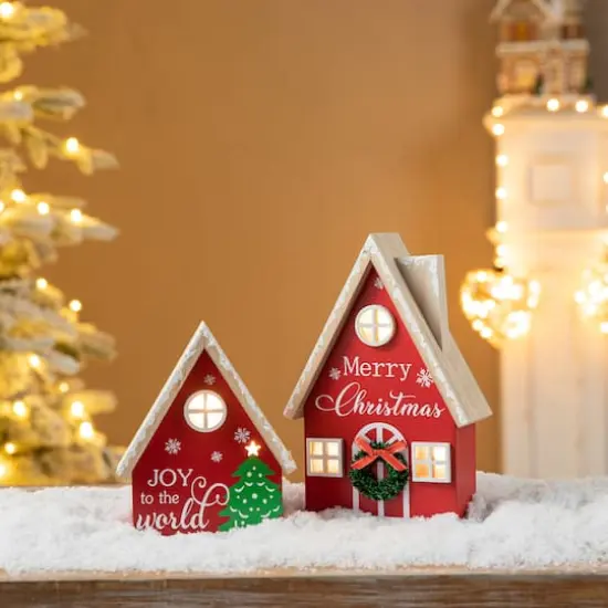 Glitzhome&reg; Christmas Lighted Wooden House Table D&eacute;cor Set {3}