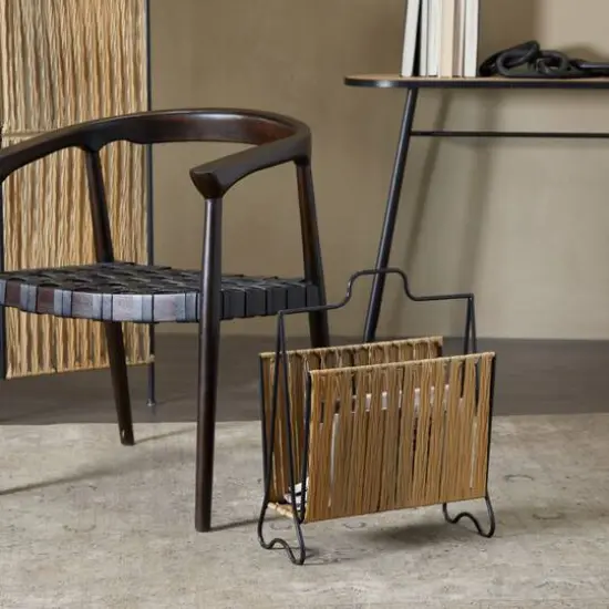 Light Brown Plastic Rattan Handmade Single Slot Magazine Holder with Black Stand 16" x 8" x 20" {7}