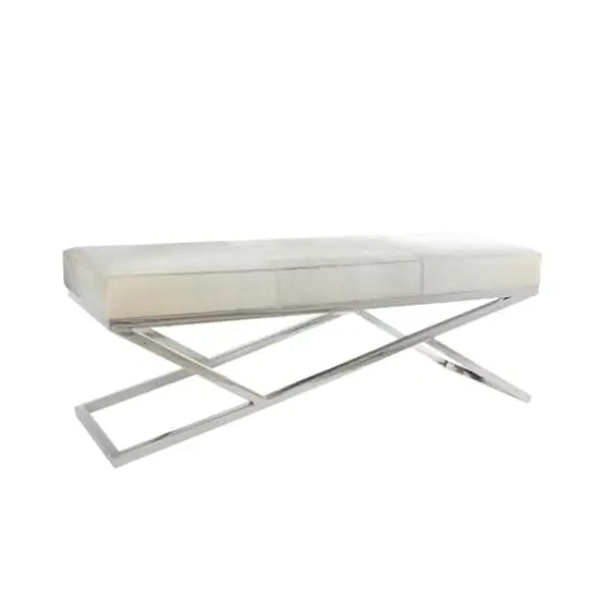 Light Gray Leather Geometric Bench with Angled Silver Metal Base {1}