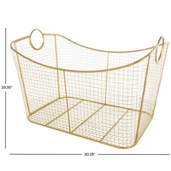 30.25" Gold Metal Geometric Wire Grid Basket with Curved Sides & Ring Handles {9}