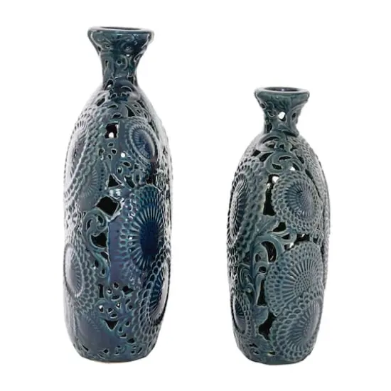 Set of 2 Blue Stoneware Eclectic Vase, 16", 13" {4}