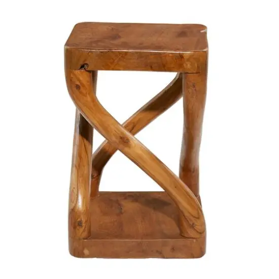 20" Brown Teak Wood Contemporary Stool {7}