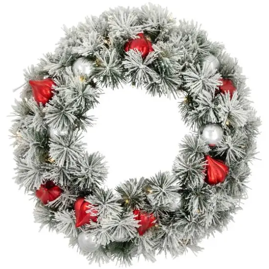 24" Pre-Lit Snowy Bristle Pine Christmas Wreath, Warm White LED Lights {1}