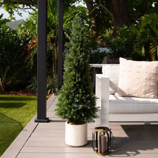 4ft. UV-Resistant Cedar Tree in White Planter {3}