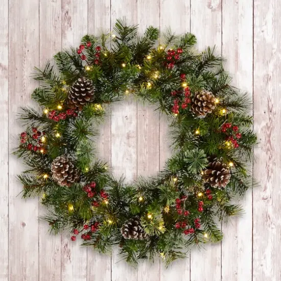 24" Iced Berry Warm White LED Pre-Lit Pine Wreath {3}