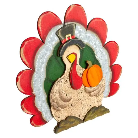 10" Wooden Turkey with Pumpkin Thanksgiving Decoration {3}