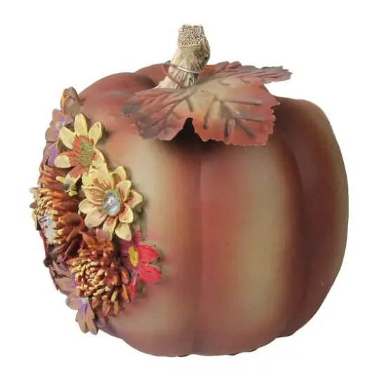 7.5" Brown Solar Powered Floral Pumpkin Outdoor Decoration {3}
