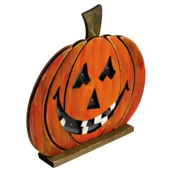 13" LED Lighted Jack-O-Lantern Wooden Halloween Decoration {4}
