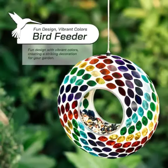 Glitzhome&reg; 8" Multicolor Mosaic Glass Round Hanging Bird Feeder {4}