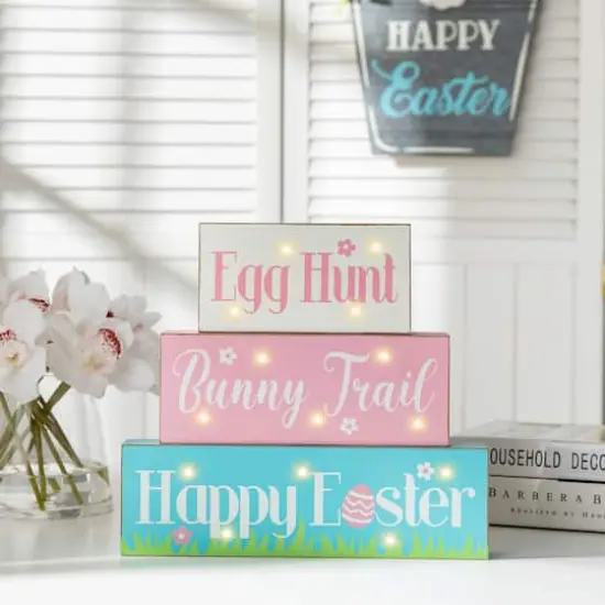 Glitzhome&reg; 12" Easter LED Lighted Wooden & Metal Block Word Sign {4}