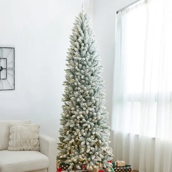 11ft. Pre-Lit Flocked Fir Pencil Artificial Christmas Tree, Warm White LED Lights {4}