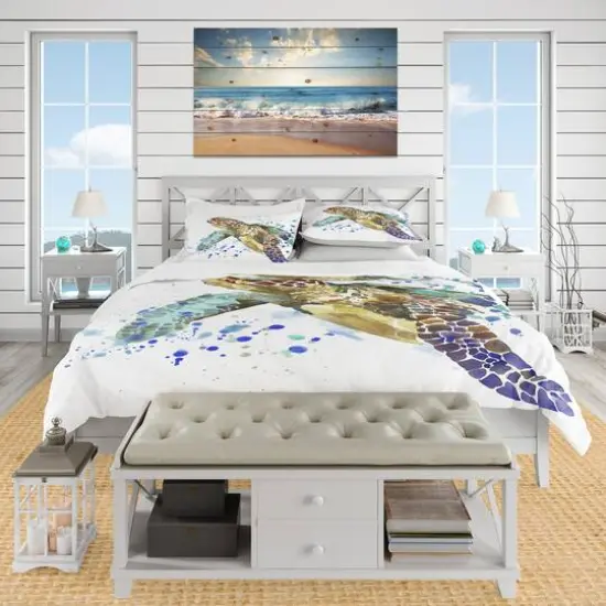 Designart Blue Sea Turtle Illustration Nautical & Coastal Duvet Cover Set {5}