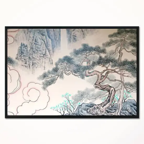 Designart - Chinese Blue Tree Art - Floral Painting Canvas in Black Frame {3}
