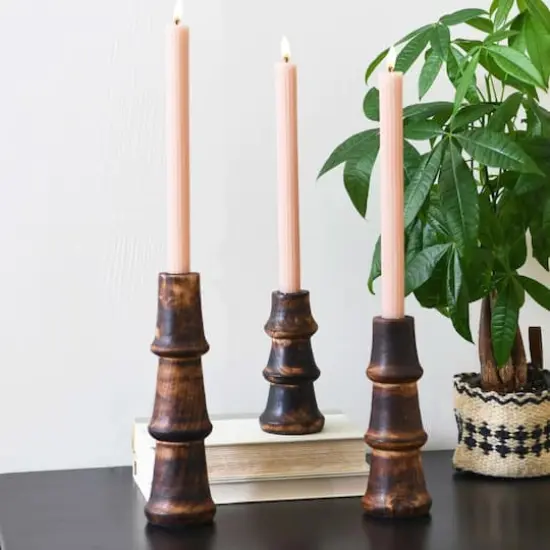 Hello Honey&reg; Wooden Waves Taper Candle Holder Set Espresso Finish {6}